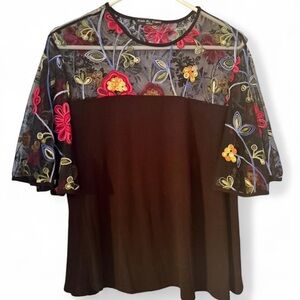 Kim & Cami Sheer Black Top with Floral Embroidery
